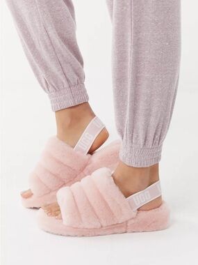 UGG Blush Pink Plush Slide Sandals with Branded Heel Strap
